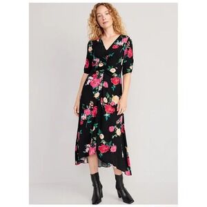 Old Navy Womens Floral Puff Sleeve Midi‎ Dress Size M Black Bloomcore Fairy